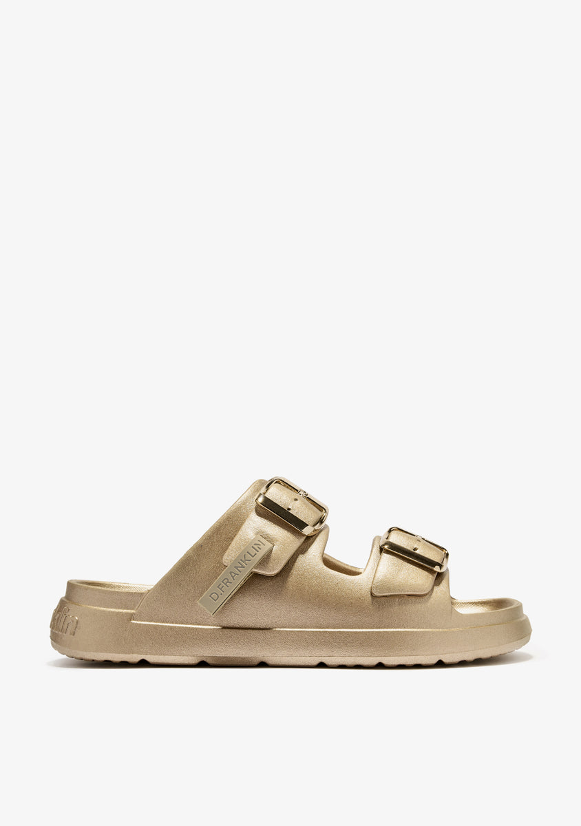 Women's Foam 2 Buckles Met Light Gold Sandals | D.Franklin