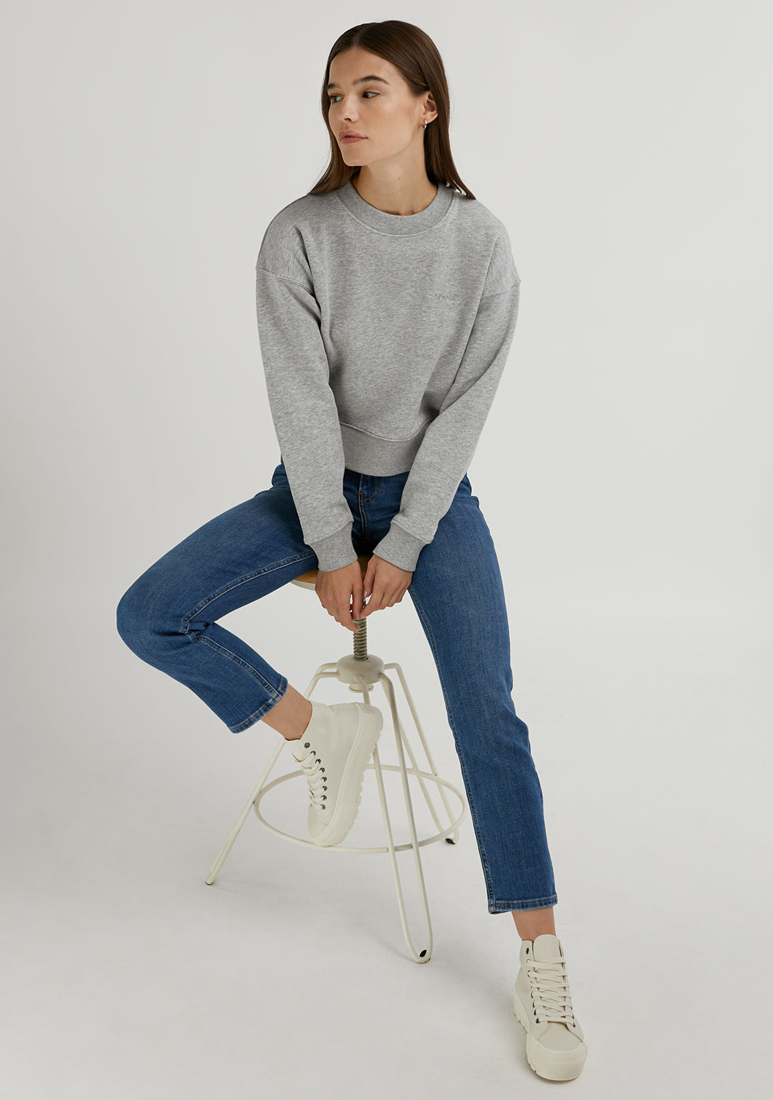 Embroidery Logo Cropped Crew Neck Sweatshirt / Grey